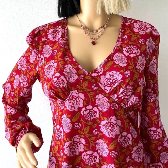 RedFloral Babydoll Minidress | NASTY GAL | Long Sleeve Fall Dress | Size 8 Dress - Picture 7 of 10
